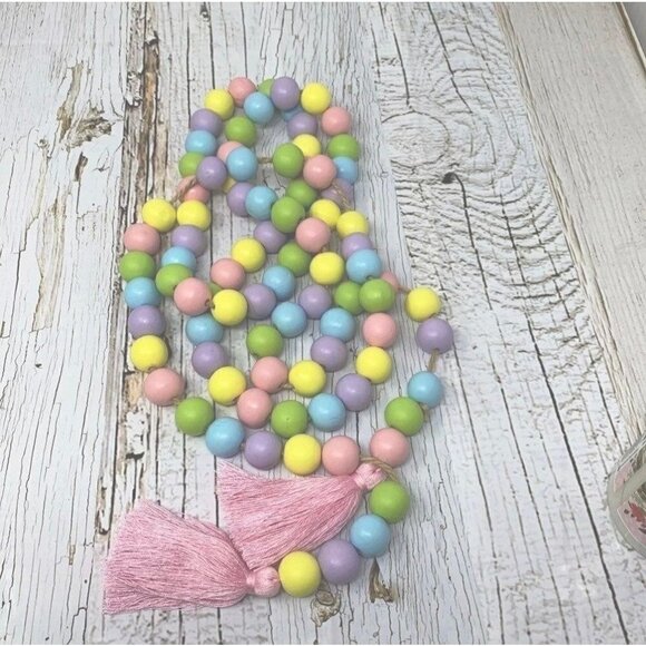 Easter Spring Pastel Wood Wooden Bead String Garland Pink Purple Tassels 72” - Picture 3 of 5